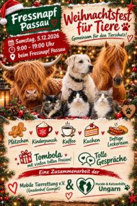 Plakat zum Weihnachtsfest für Tiere am Samstag, 5. Dezember 2026, von 9 bis 19 Uhr beim Fressnapf Passau: Mobile Tierrettung und Hunde- & Katzenhilfe Ungarn